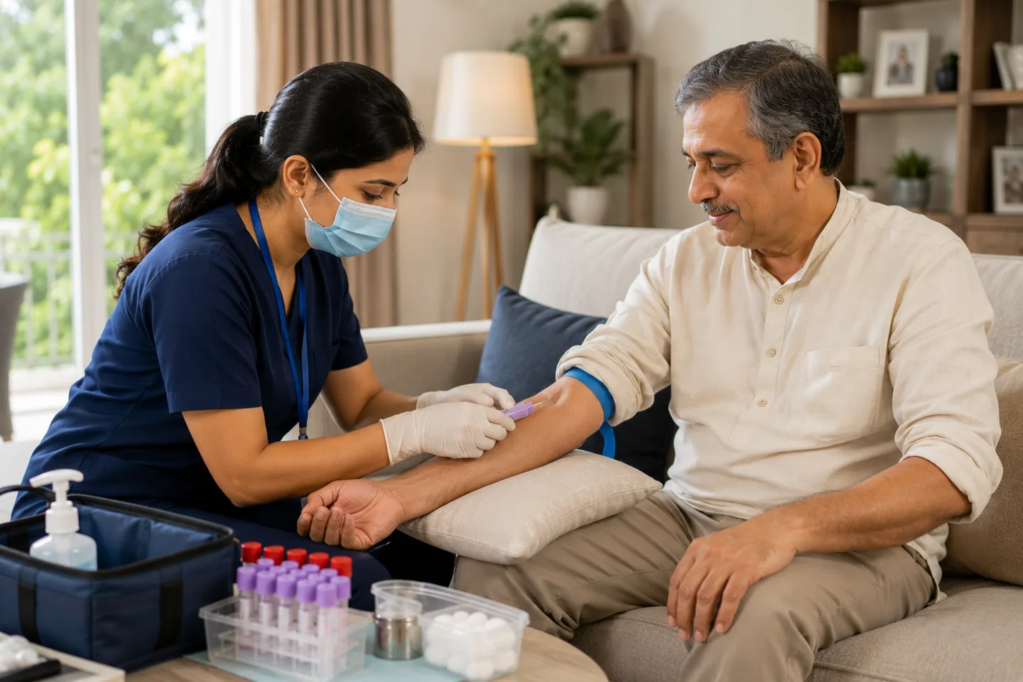 Healthcare professional collecting a blood sample at an older patient’s home