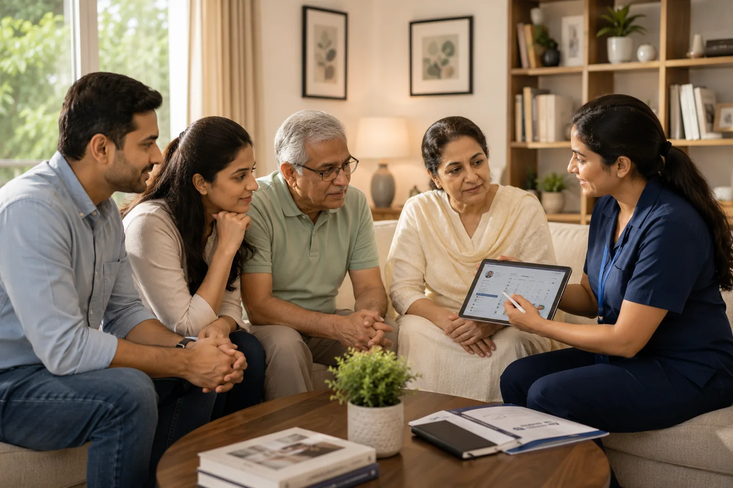 Qualified care professional discussing a care plan with an Indian family