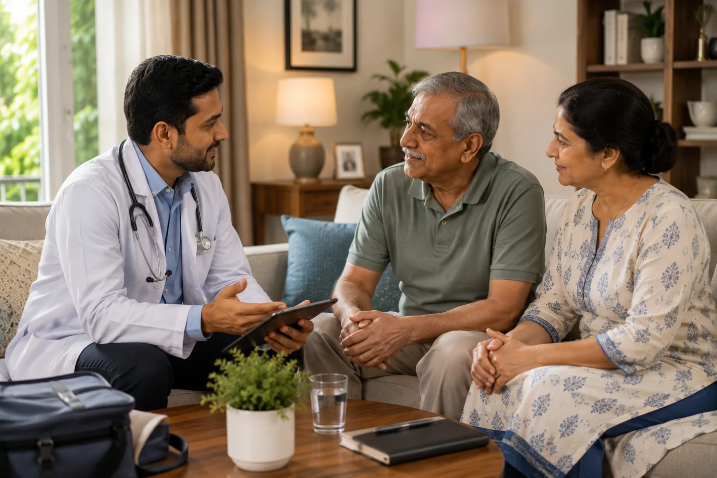Indian family discussing an older adult’s care with a qualified care professional at home