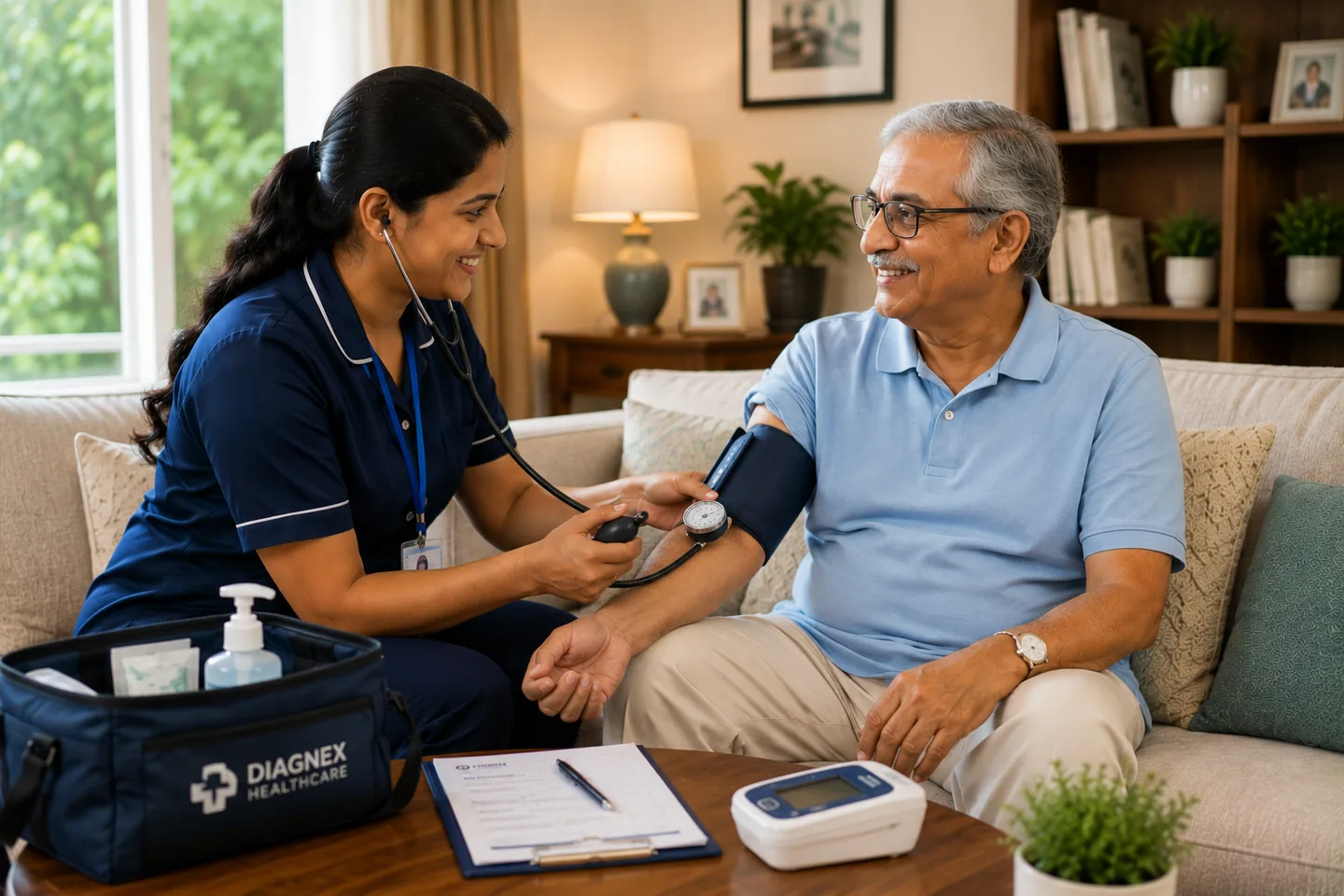 Care professional carrying out a routine check with an older patient at home