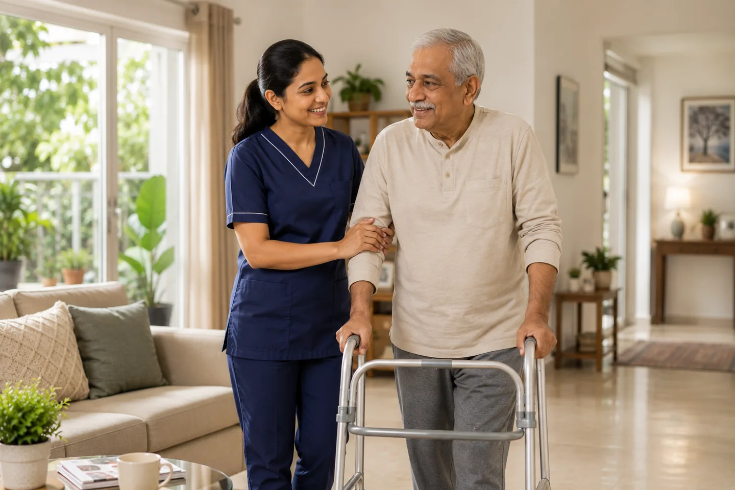 Care professional supporting an older adult with mobility at home