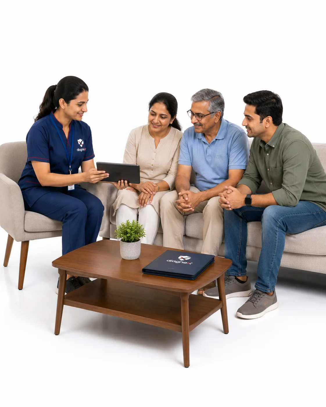 Care professional discussing healthcare support with an older patient and family